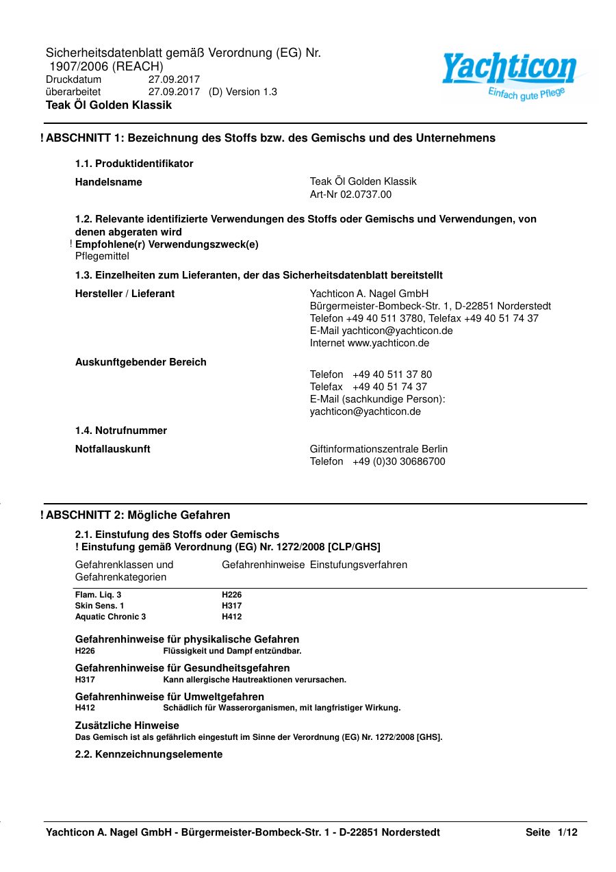 Titelseite Sicherheitsdatenblatt Teak Öl Golden Klassik (13-YTEAKOG)