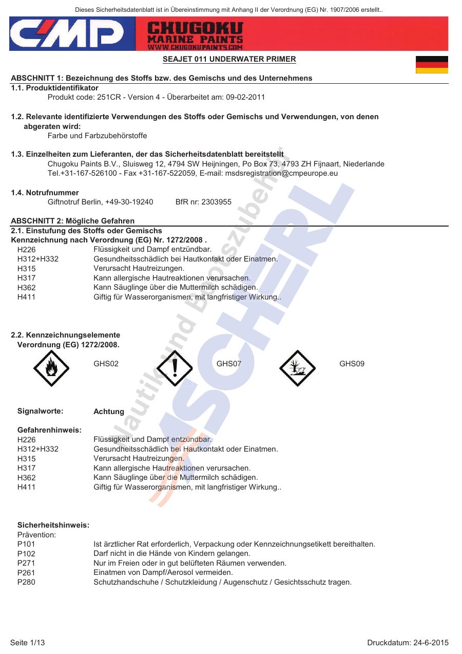 Titelseite Sicherheitsdatenblatt SEAJET 011 UNDERWATER PRIMER (13-SJ01125)