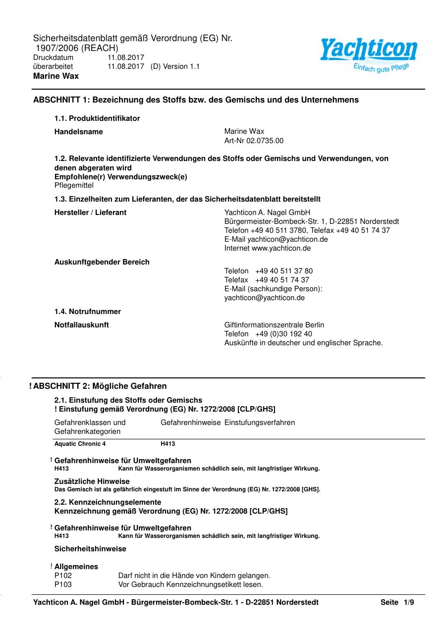 Titelseite Sicherheitsdatenblatt Marine Wax (13-YMARINEW)