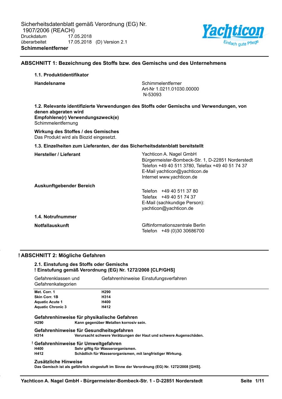Titelseite Sicherheitsdatenblatt Schimmelentferner (13-YSCHIMME)