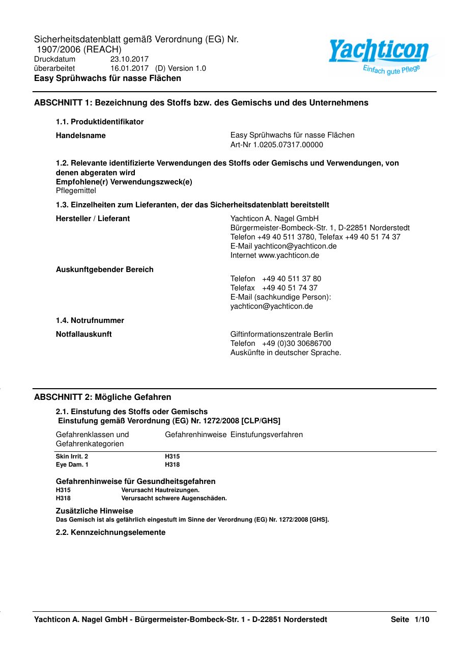 Titelseite Sicherheitsdatenblatt Easy Sprühwachs für nasse Flächen (13-YEASYWAX)