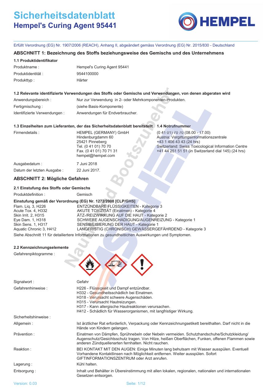 Titelseite Sicherheitsdatenblatt Hempel's Curing Agent 95441 (13-HSILICSEA_Curing)