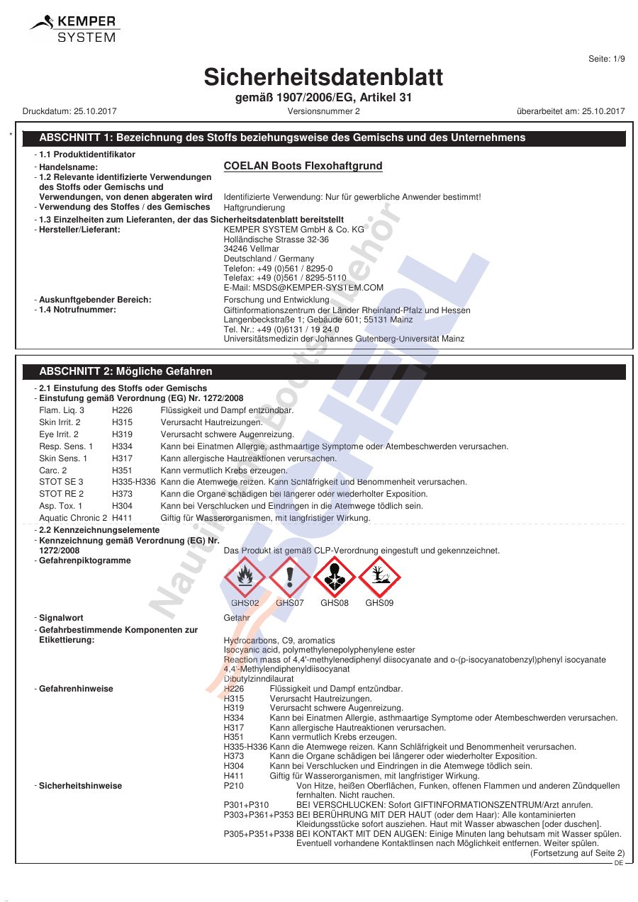 Titelseite Sicherheitsdatenblatt COELAN Boots Flexohaftgrund (13-CFLEX250)