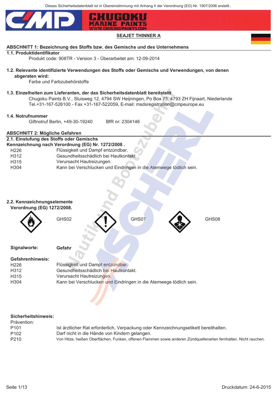 Titelseite Sicherheitsdatenblatt SEAJET THINNER A (13-SJVA1000)