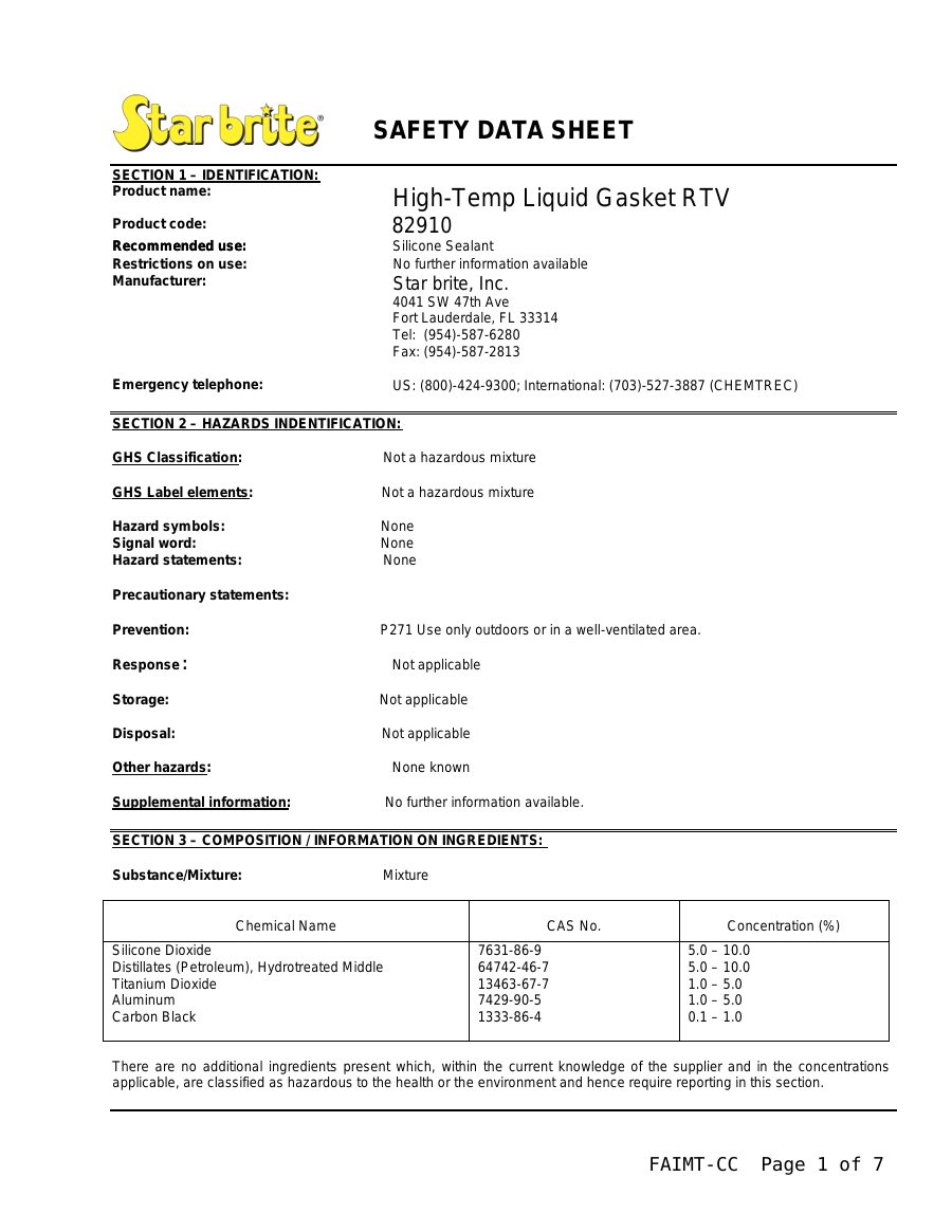 Titelseite Sicherheitsdatenblatt High-Temp Liquid Gasket RTV (13-SLIQUIDG)