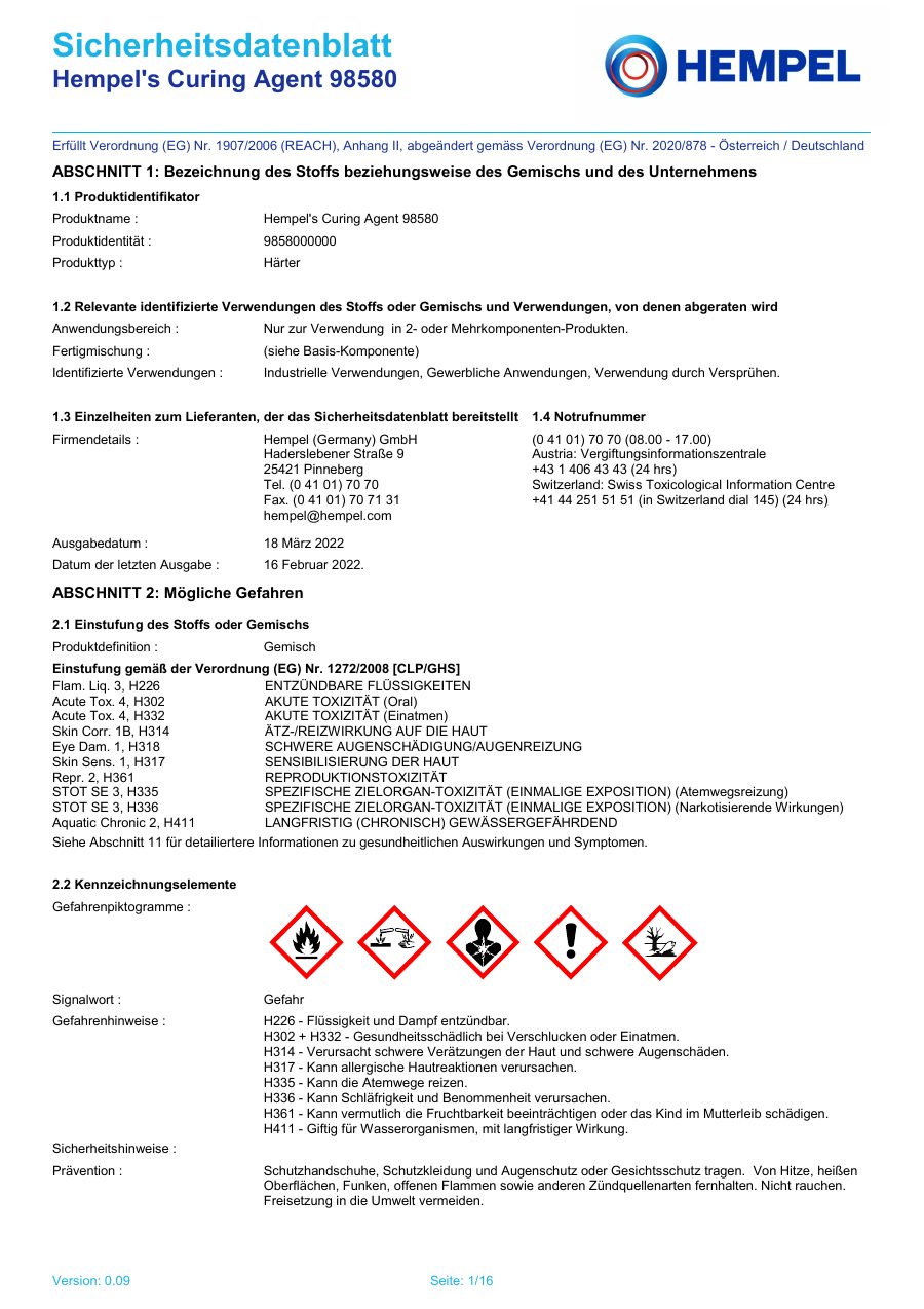 Titelseite Sicherheitsdatenblatt Hempel's Curing Agent 98580 (13-HGEL5G-hardner)