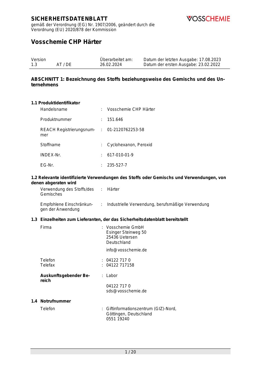 Titelseite Sicherheitsdatenblatt Vosschemie CHP Härter