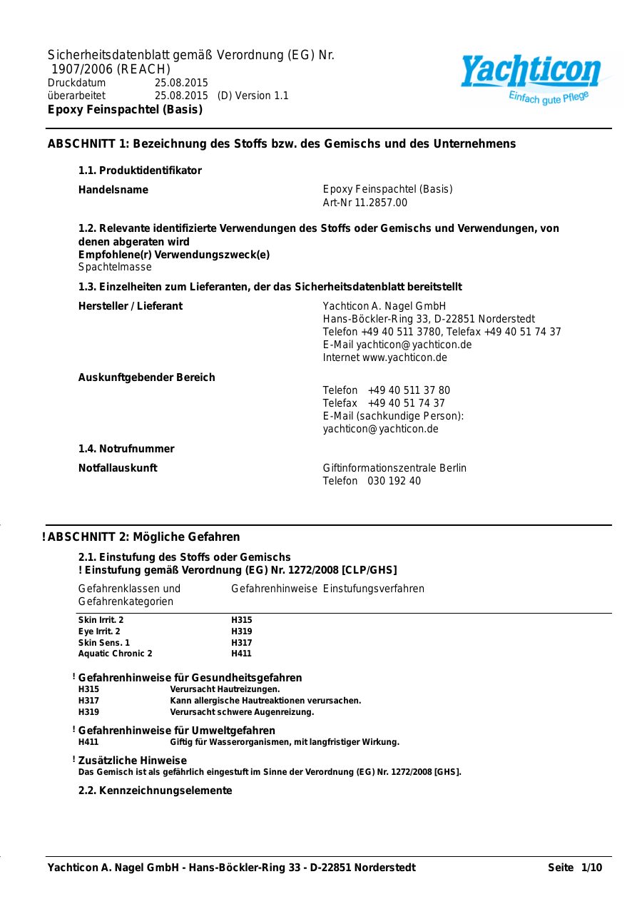 Titelseite Sicherheitsdatenblatt Epoxy Feinspachtel (Basis) (13-EPOXY450_Basis)