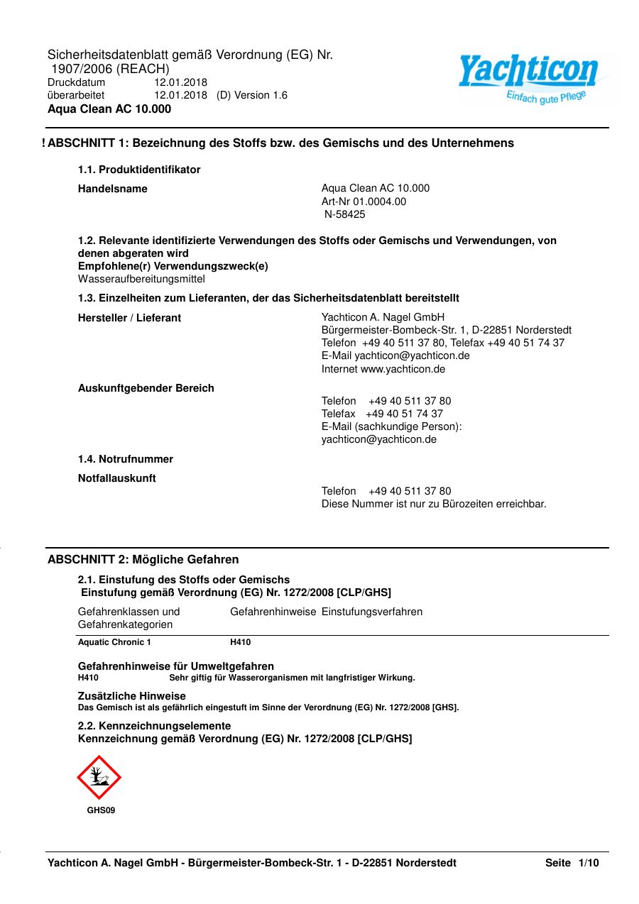 Titelseite Sicherheitsdatenblatt Aqua Clean AC 10.000 (18-AC10000)