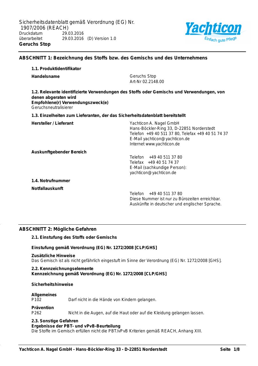 Titelseite Sicherheitsdatenblatt Geruchs Stop (13-YGERUCH)