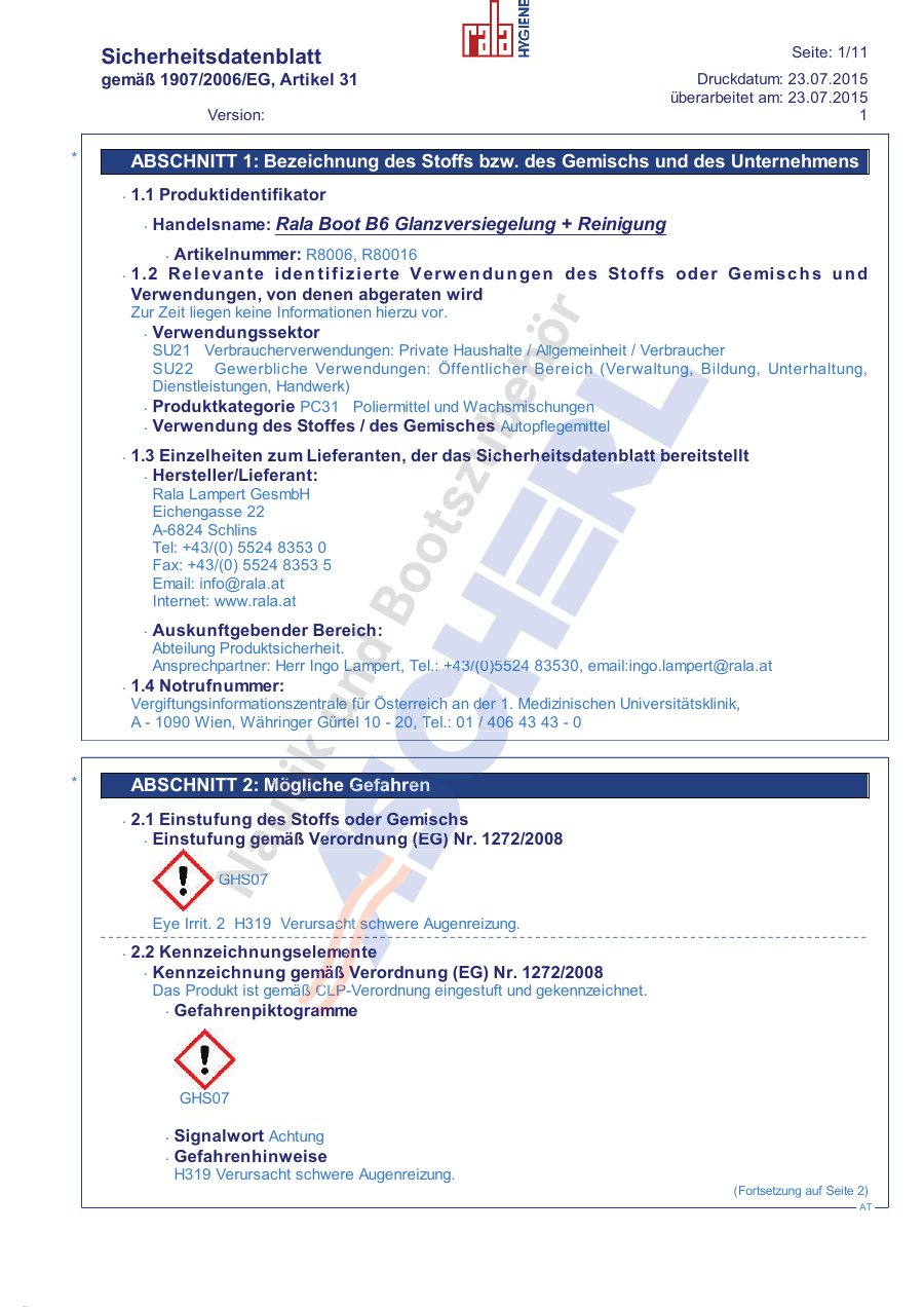 Titelseite Sicherheitsdatenblatt Rala Boot B6 Glanzversiegelung + Reinigung (13-RALA8006)