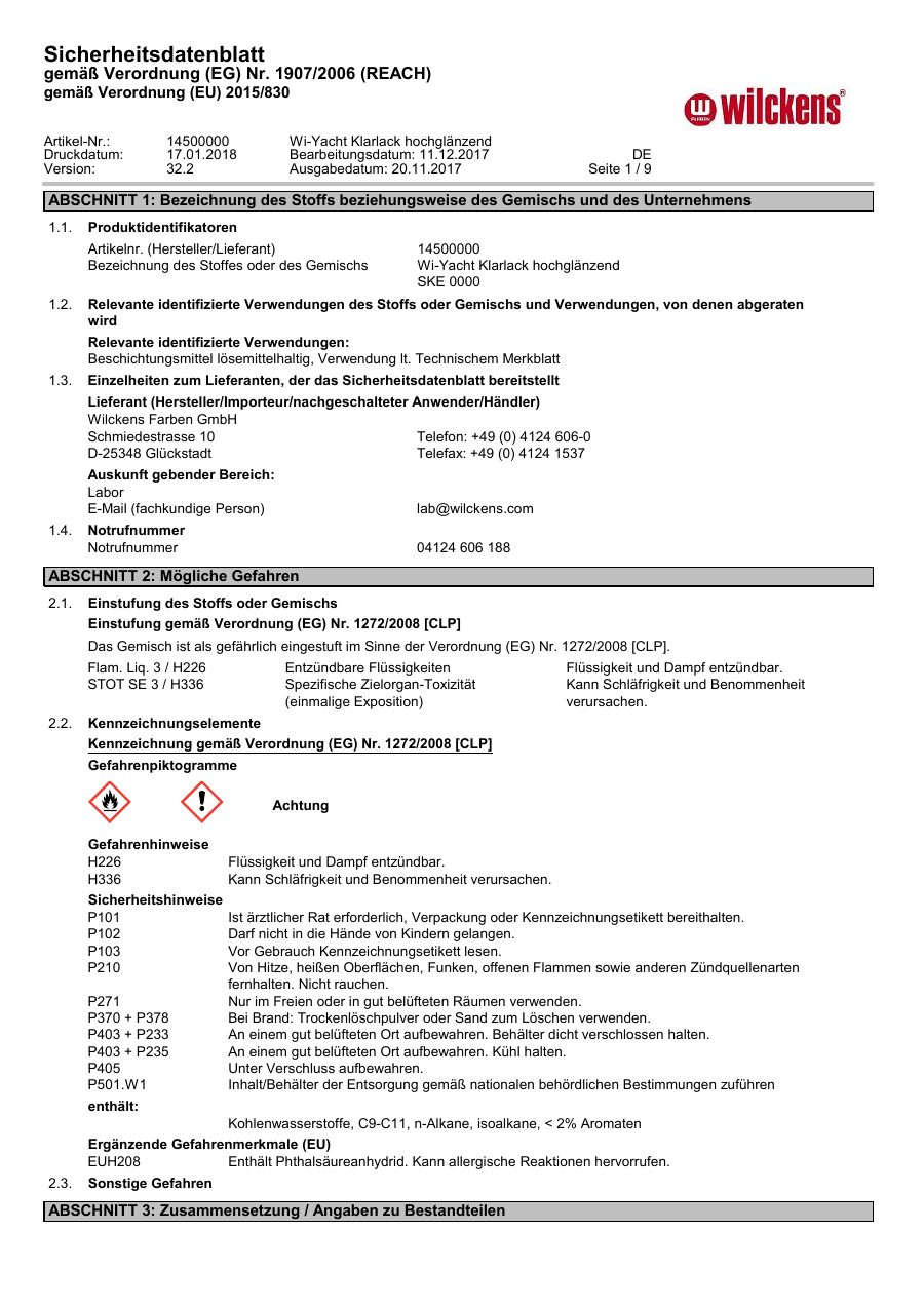Titelseite Sicherheitsdatenblatt Wi-Yacht Klarlack hochglänzend (13-WKLARL75)