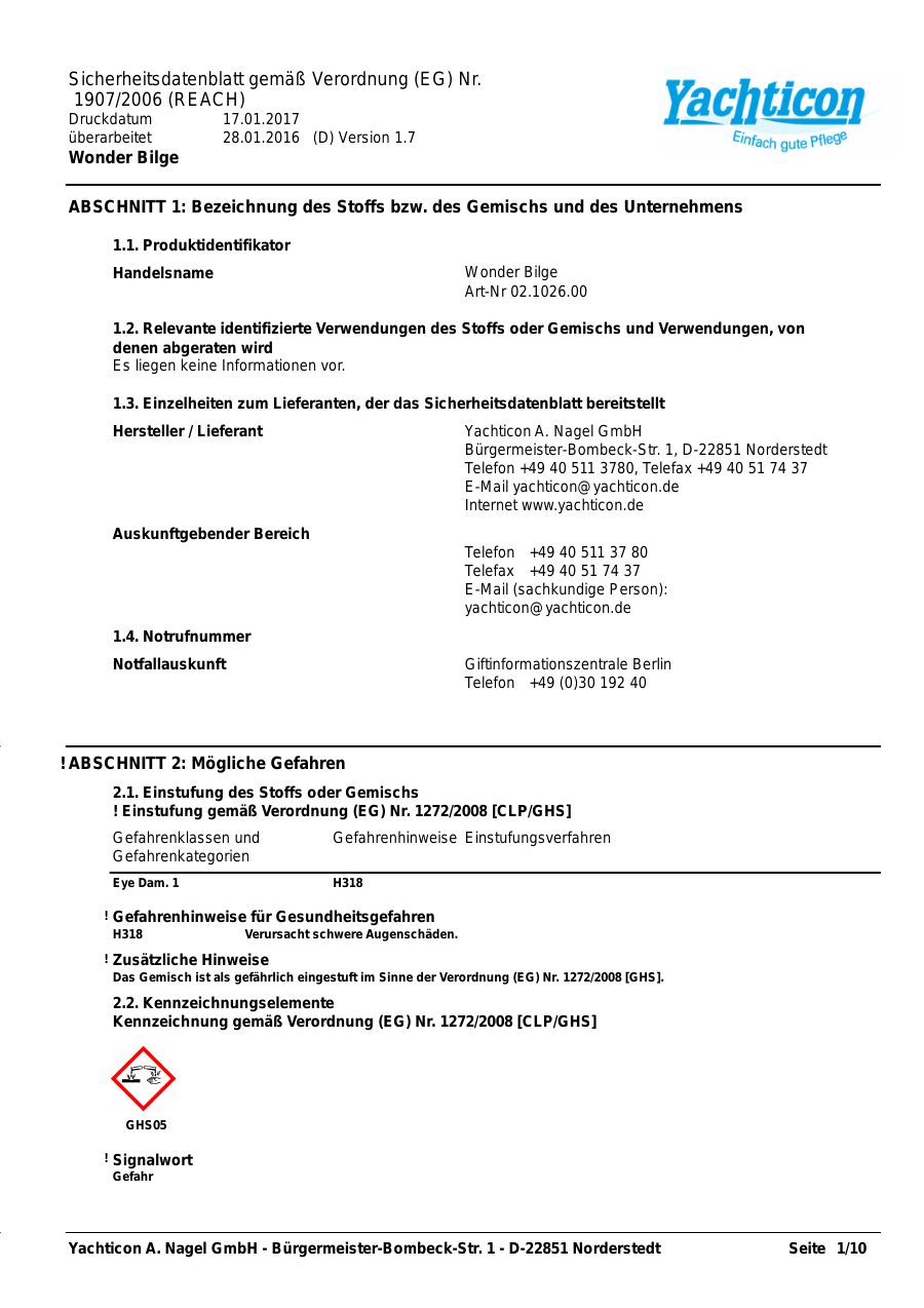 Titelseite Sicherheitsdatenblatt Wonder Bilge (13-YBILGE)