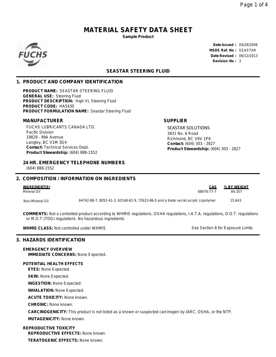 Titelseite Sicherheitsdatenblatt SEASTAR STEERING FLUID (11-HA5430)