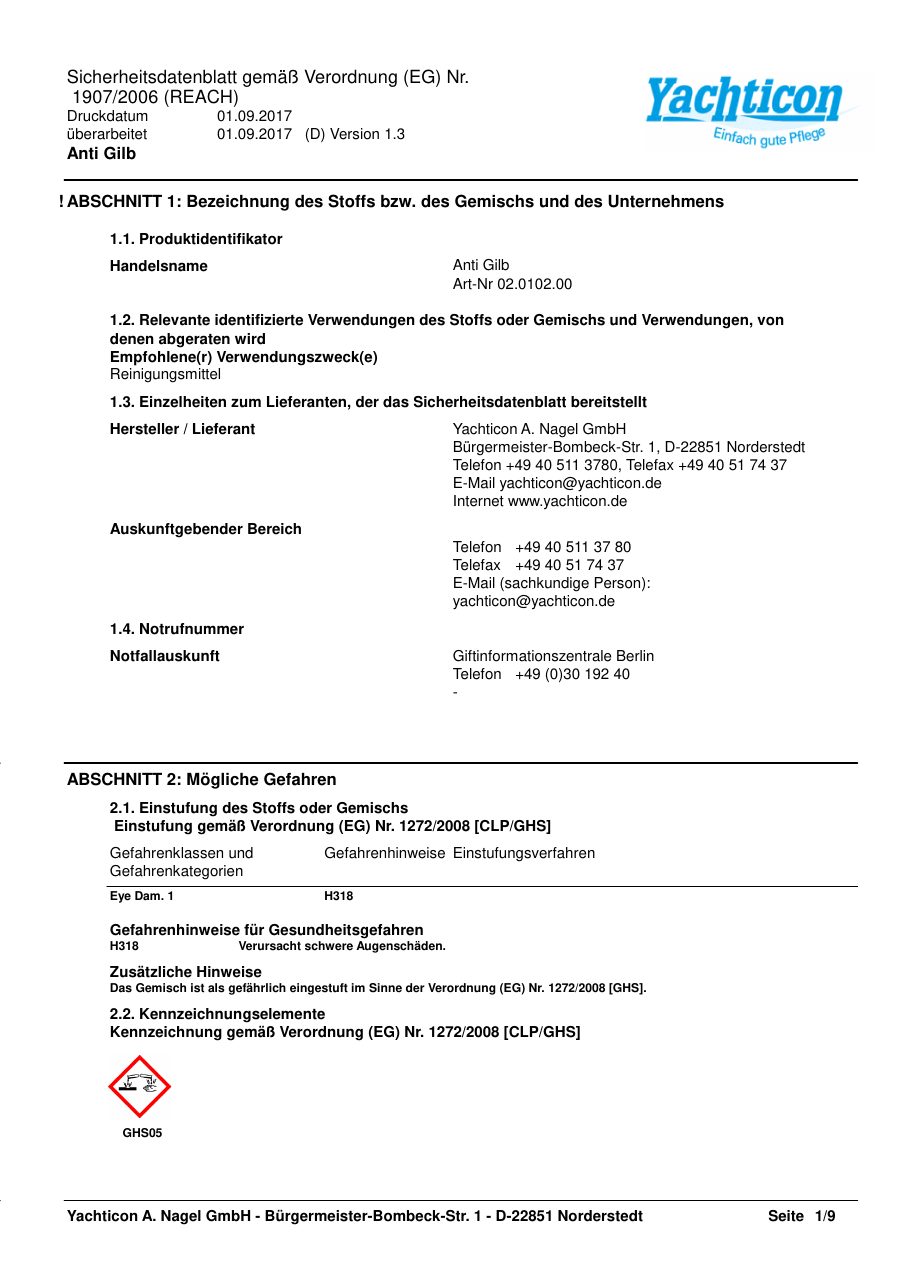 Titelseite Sicherheitsdatenblatt Anti Gilb (13-YANTIGIL)
