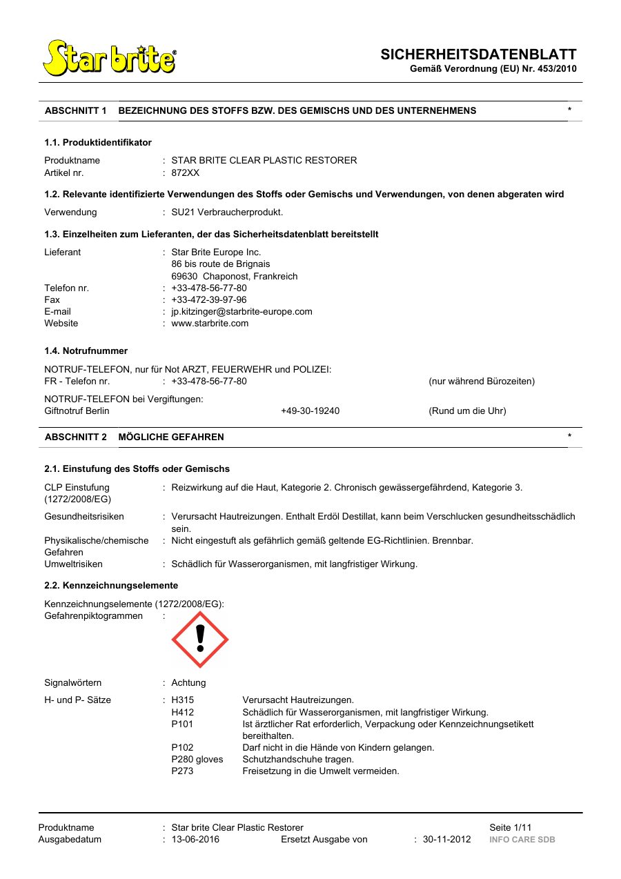 Titelseite Sicherheitsdatenblatt STAR BRITE CLEAR PLASTIC RESTORER (13-SPLASTR2)