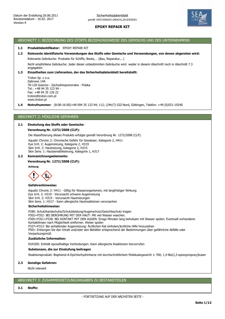 Titelseite Sicherheitsdatenblatt EPOXY REPAIR KIT