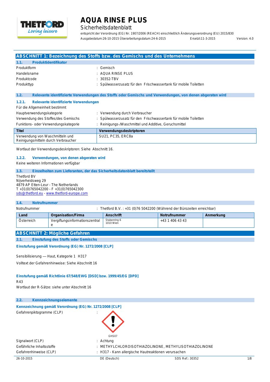 Titelseite Sicherheitsdatenblatt AQUA RINSE PLUS (18-ARP15)