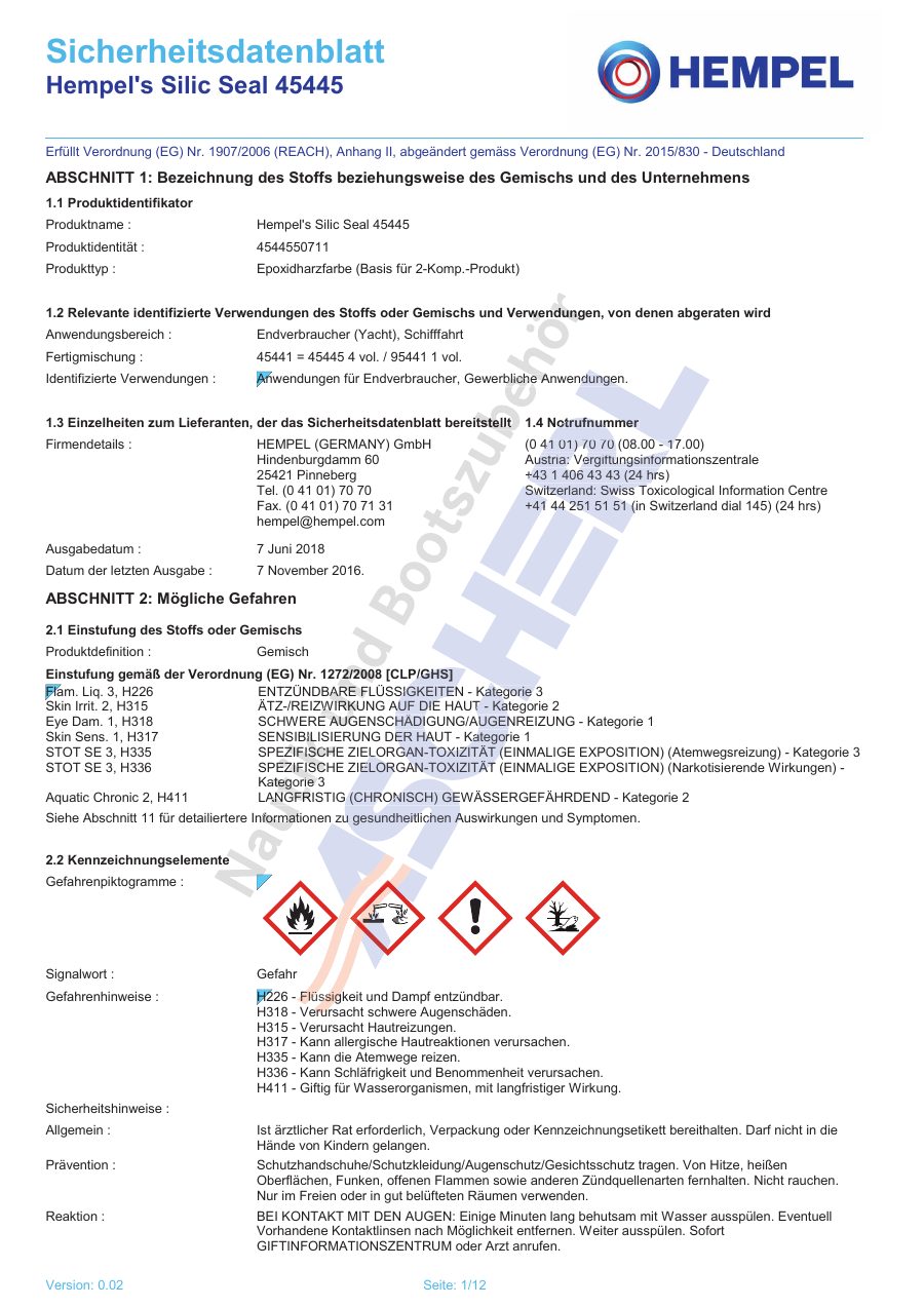 Titelseite Sicherheitsdatenblatt Hempel's Silic Seal 45445 (13-HSILICSEA_Base)