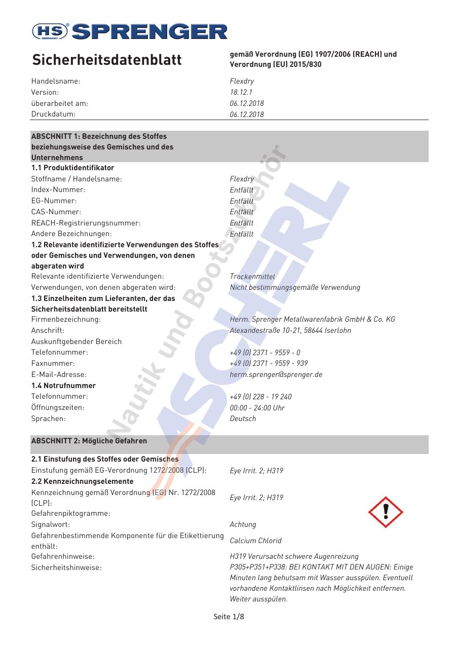 Titelseite Sicherheitsdatenblatt Flexdry (13-HSDRY125)