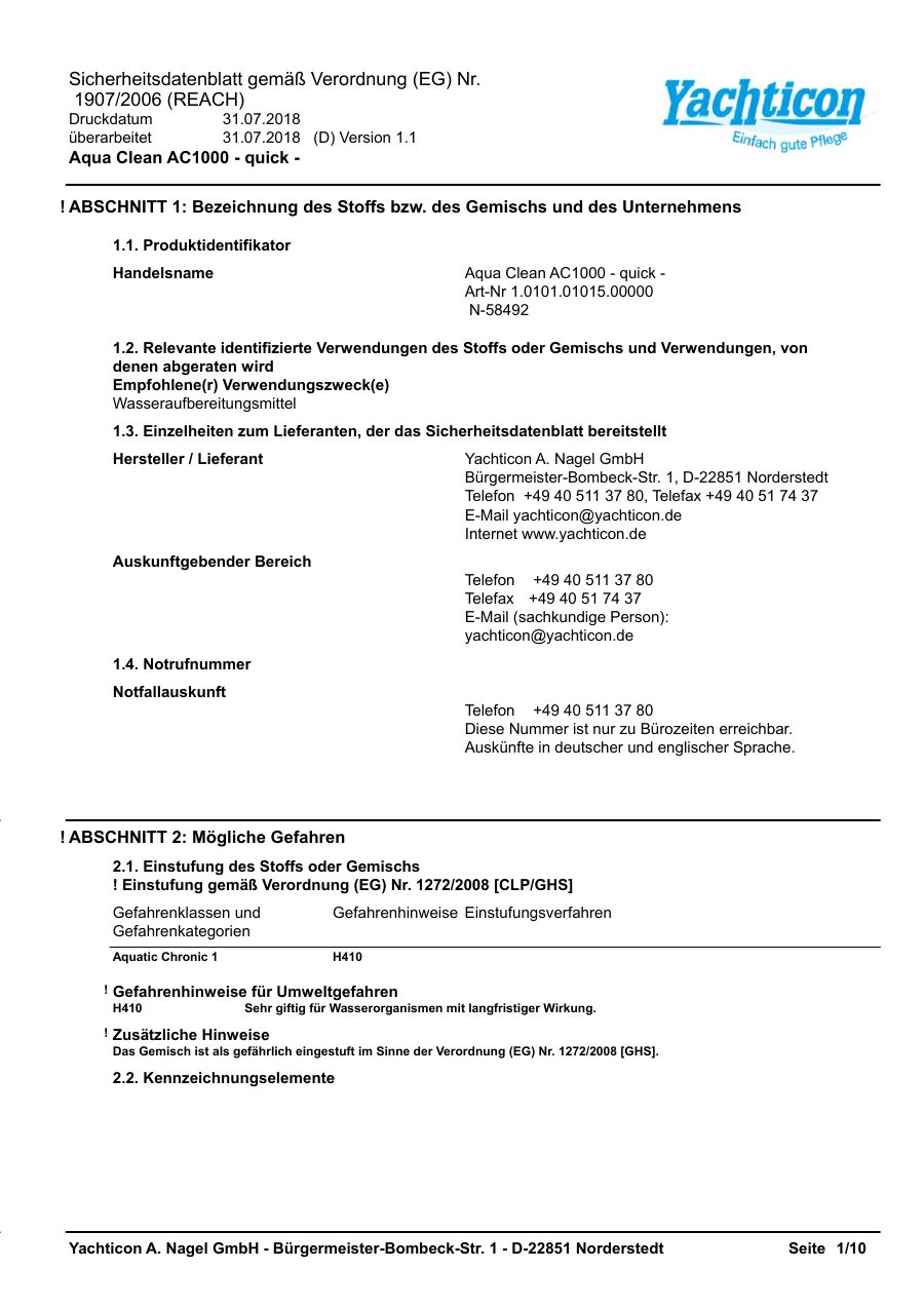 Titelseite Sicherheitsdatenblatt Aqua Clean AC1000 - quick (18-AC1000Q)
