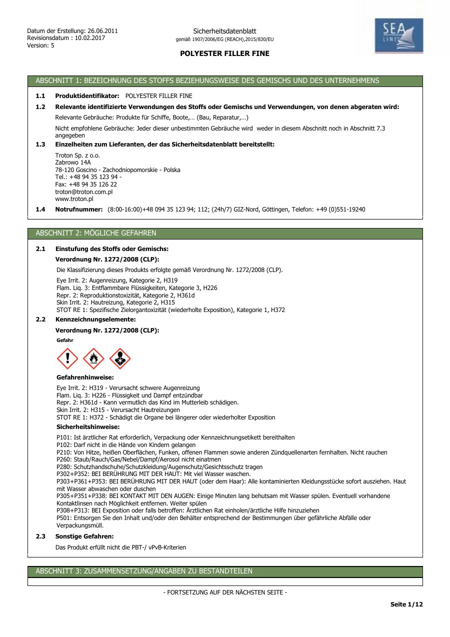 Titelseite Sicherheitsdatenblatt POLYESTER FILLER FINE