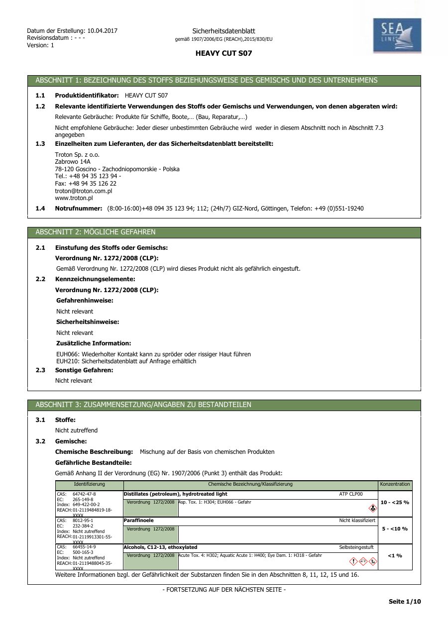 Titelseite Sicherheitsdatenblatt HEAVY CUT S07 (13-SLS071)