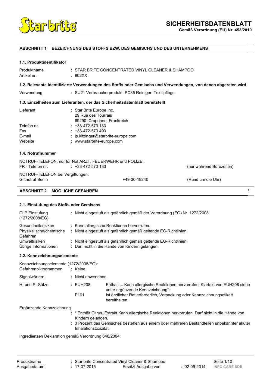 Titelseite Sicherheitsdatenblatt STAR BRITE CONCENTRATED VINYL CLEANER & SHAMPOO (13-SVINYLS)