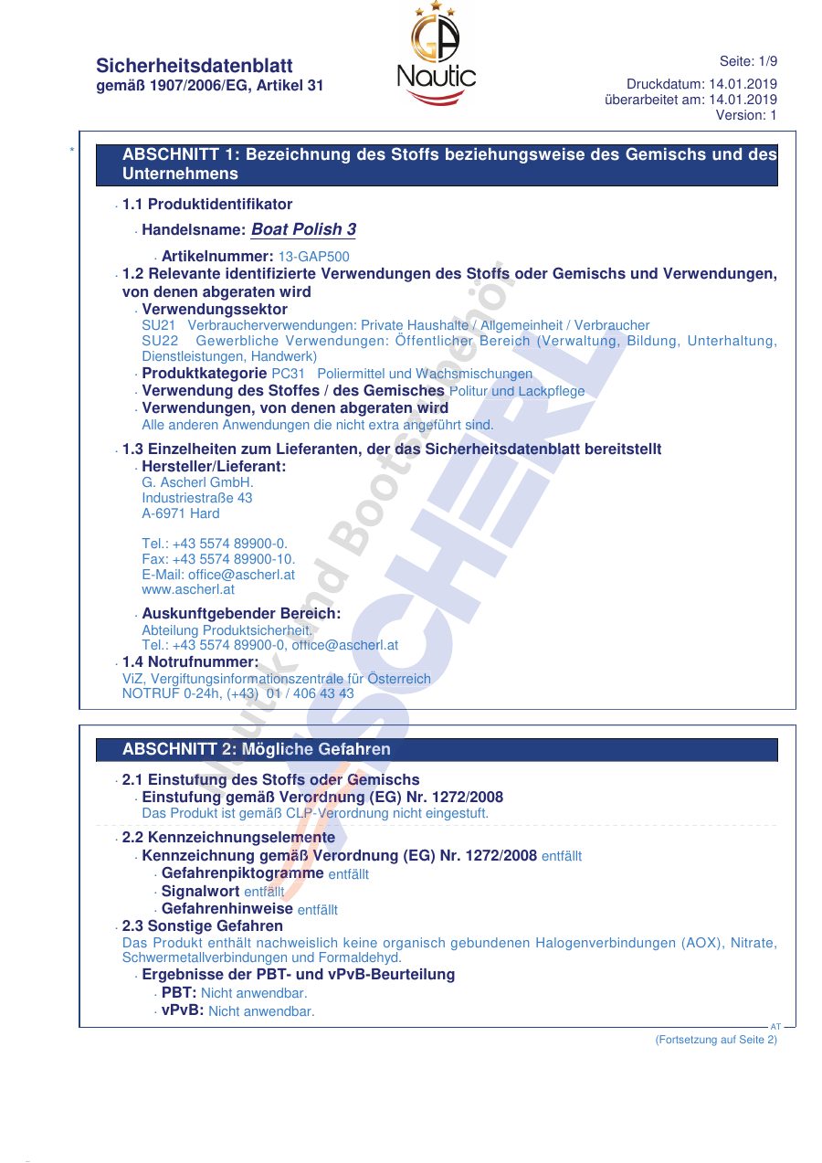 Titelseite Sicherheitsdatenblatt Boat Polish 3 (13-GAP500_DE)