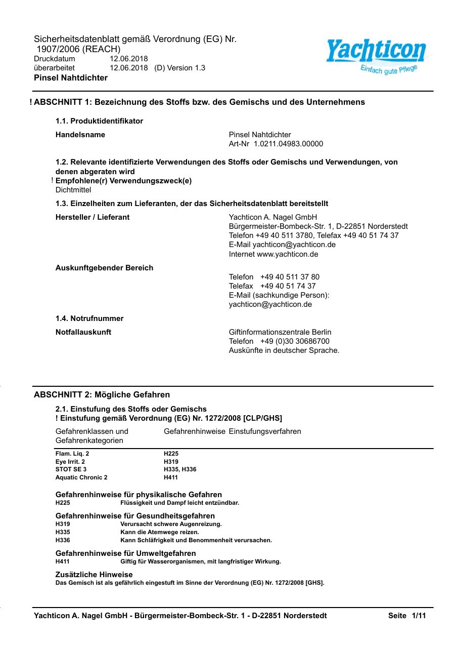 Titelseite Sicherheitsdatenblatt Pinsel Nahtdichter (13-YNAHTD)