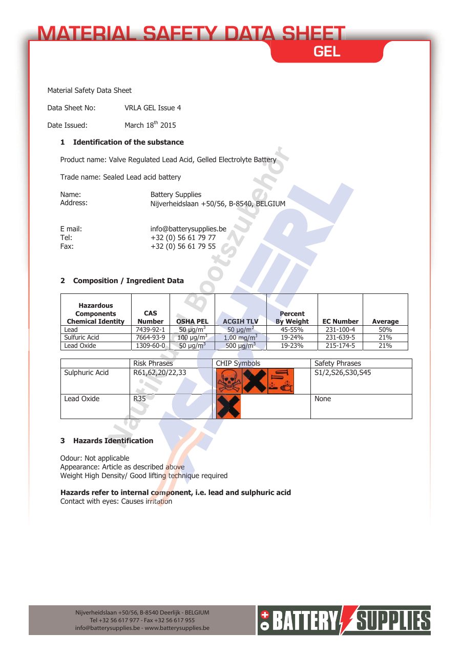 Titelseite Sicherheitsdatenblatt Valve Regulated Lead Acid, Gelled Electrolyte Battery (10-GEL100M)