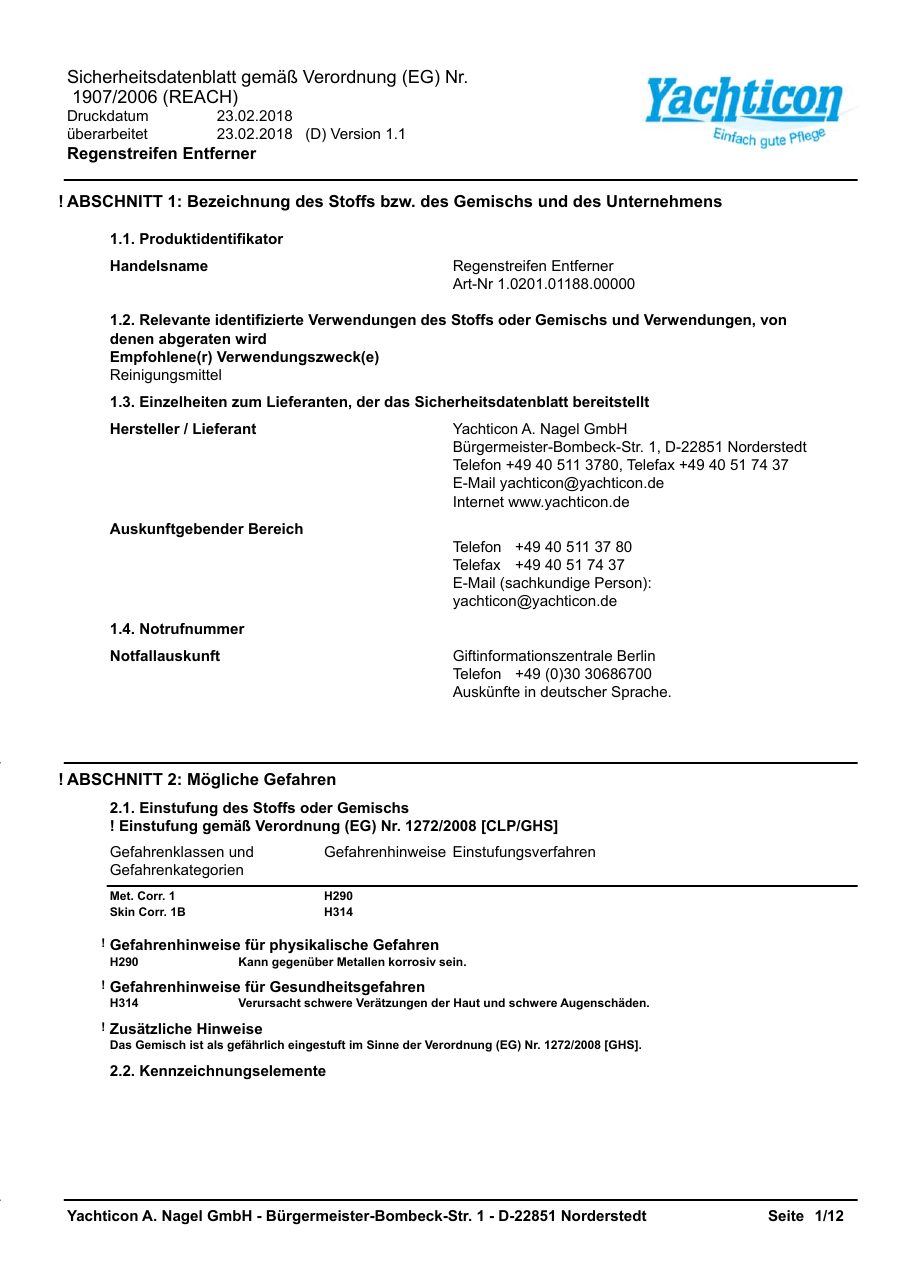 Titelseite Sicherheitsdatenblatt Regenstreifen Entferner (13-YREGEN)