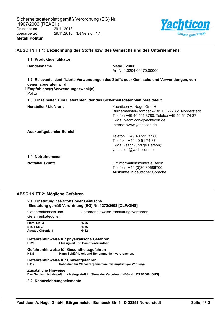 Titelseite Sicherheitsdatenblatt Metall Politur (13-YMETALL)
