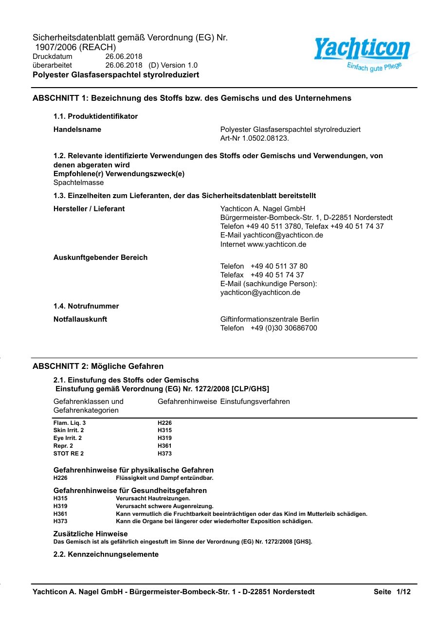 Titelseite Sicherheitsdatenblatt Polyester Glasfaserspachtel styrolreduziert (13-FKITT250)