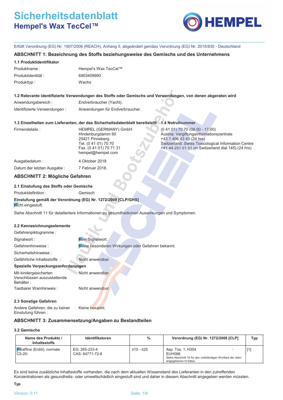 Titelseite Sicherheitsdatenblatt Hempel's Wax TecCel™ (13-HWAXTEC)