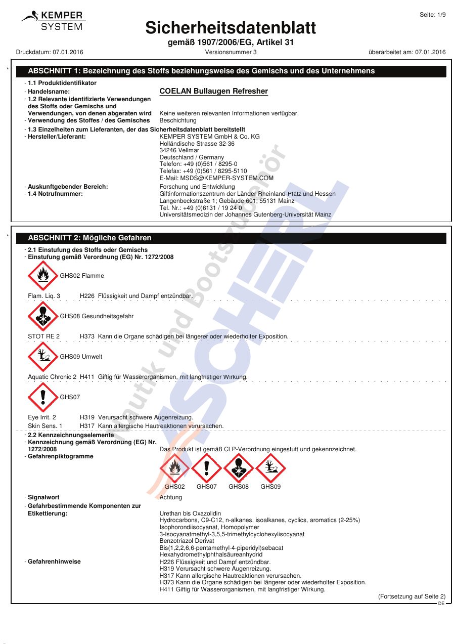 Titelseite Sicherheitsdatenblatt COELAN Bullaugen Refresher (13-CBULL375)