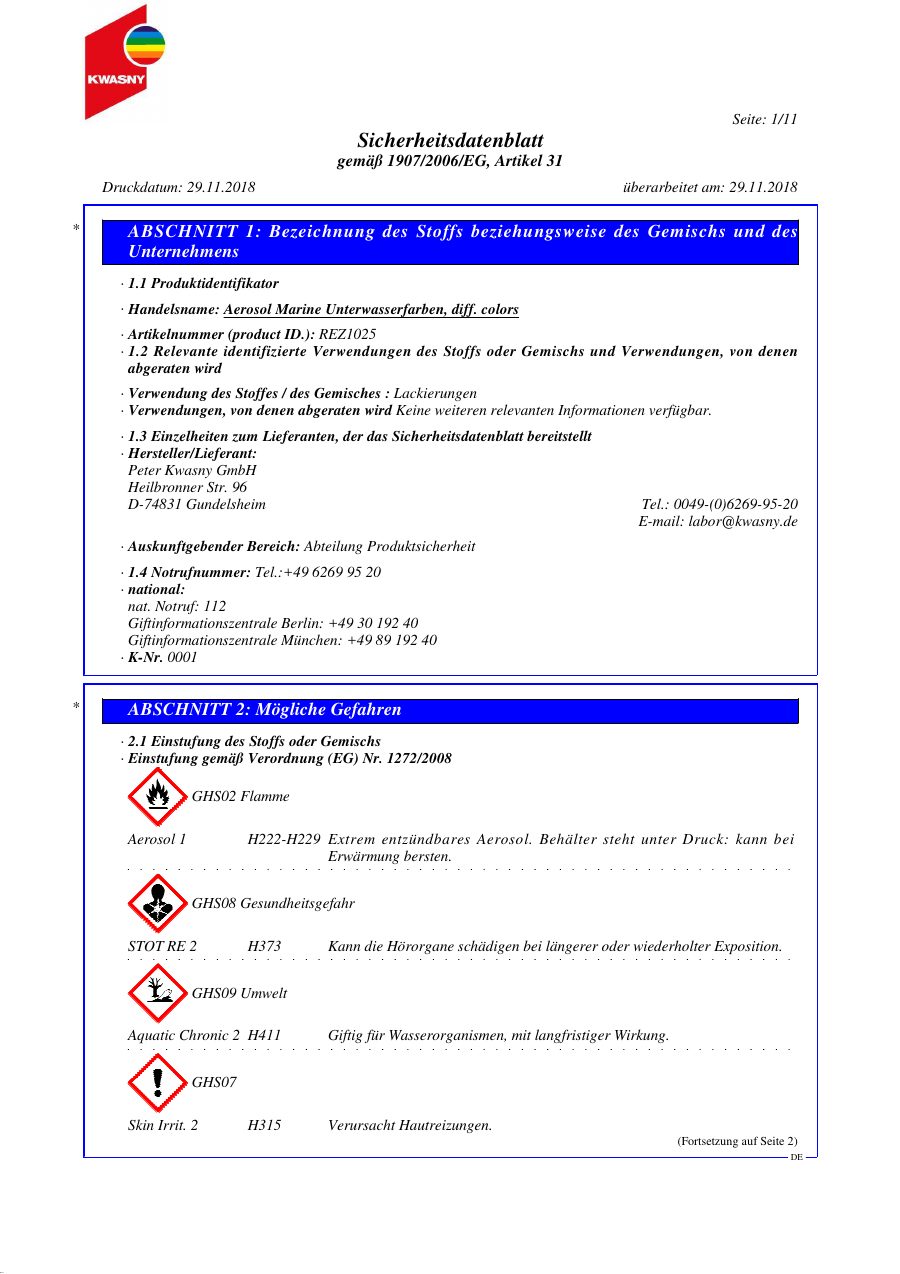 Titelseite Sicherheitsdatenblatt Aerosol Marine Unterwasserfarben, diff. colors (13-YMAXAFB)