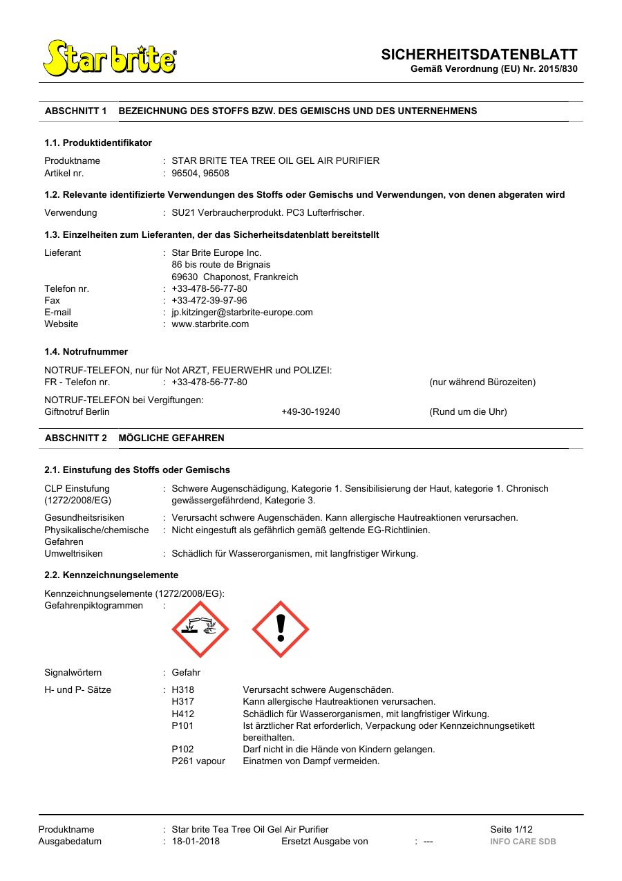 Titelseite Sicherheitsdatenblatt STAR BRITE TEA TREE OIL GEL AIR PURIFIER (13-STEATREE)