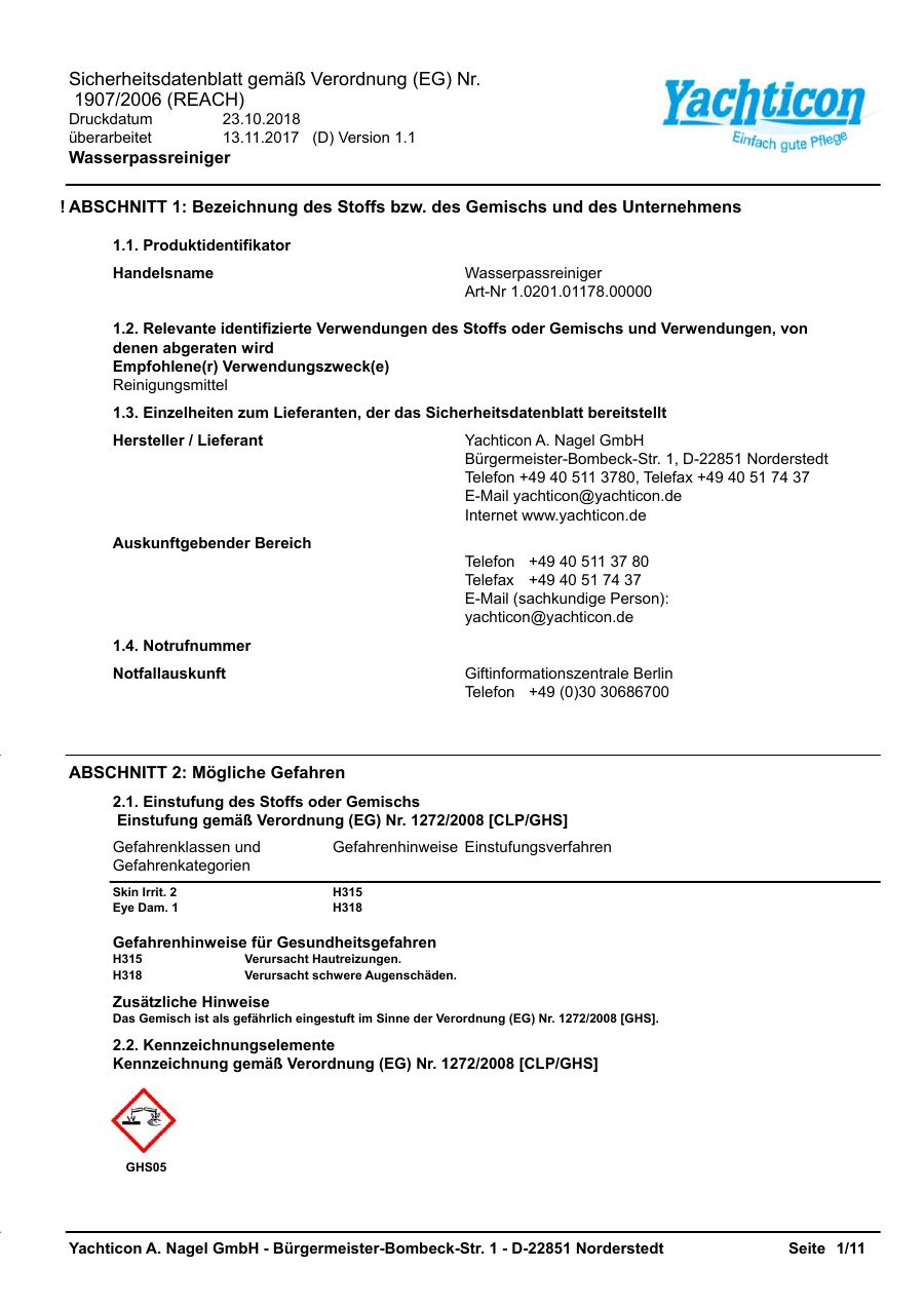 Titelseite Sicherheitsdatenblatt Wasserpassreiniger (13-YWASSERP)