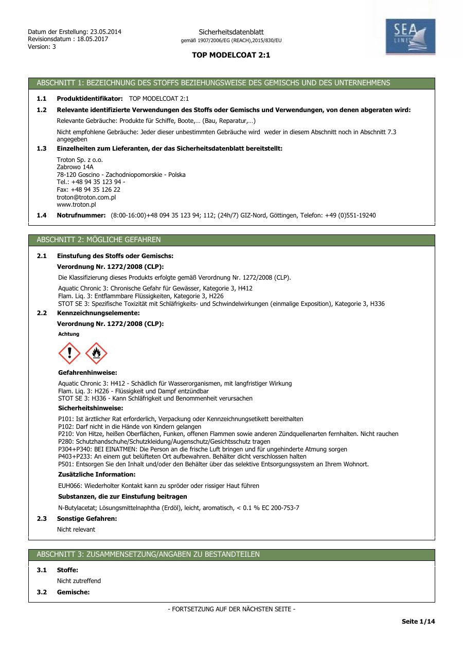 Titelseite Sicherheitsdatenblatt TOP MODELCOAT 2:1