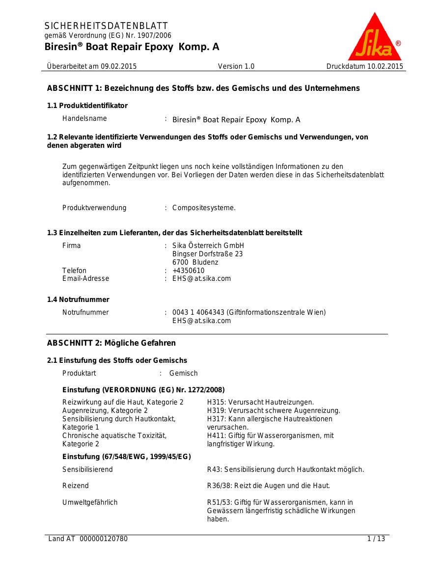 Titelseite Sicherheitsdatenblatt Biresin® Boat Repair Epoxy Komp. A (13-SFREPSPE)