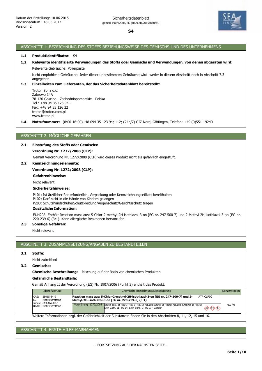 Titelseite Sicherheitsdatenblatt Sea-Line 13-SLS4250