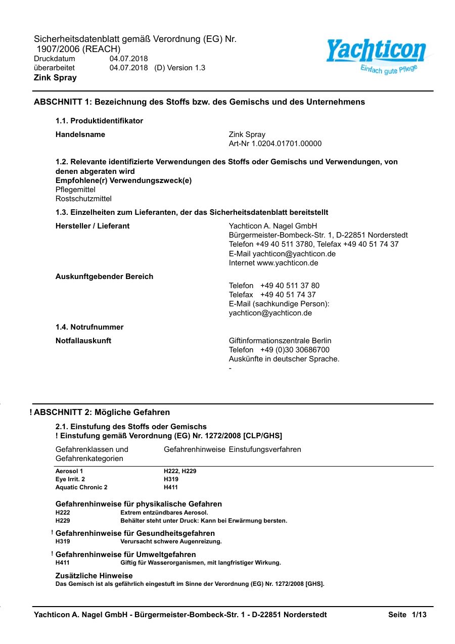 Titelseite Sicherheitsdatenblatt Zink Spray (13-YZINK)