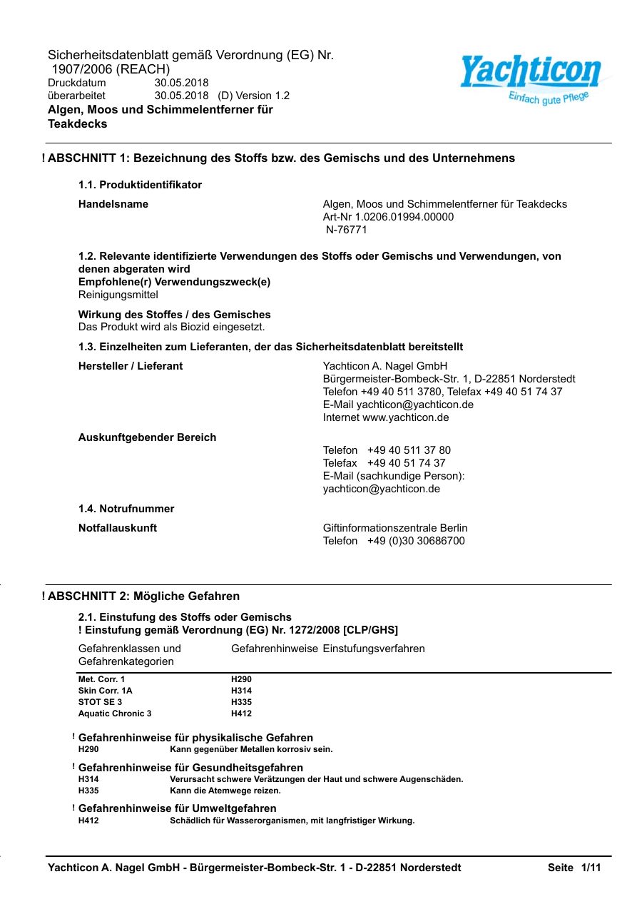 Titelseite Sicherheitsdatenblatt Algen, Moos und Schimmelentferner für Teakdecks (13-YTEAKAL)