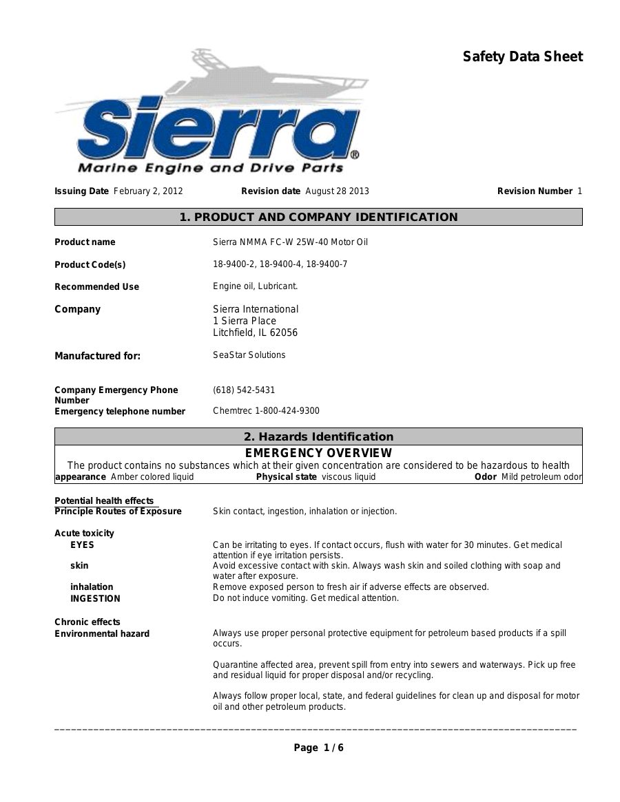 Titelseite Sicherheitsdatenblatt Sierra NMMA FC-W 25W-40 Motor Oil
