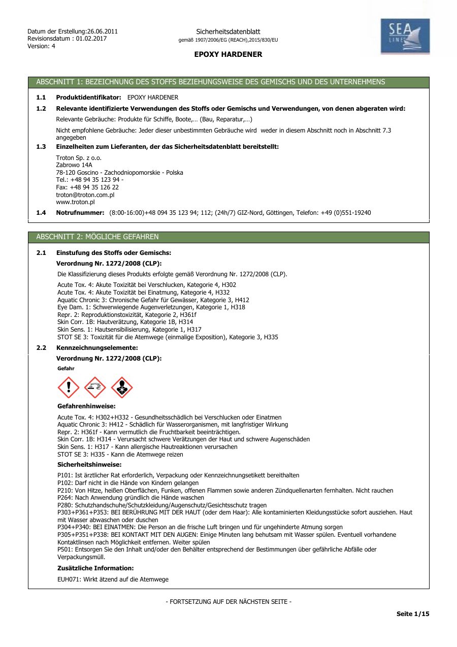 Titelseite Sicherheitsdatenblatt EPOXY HARDENER
