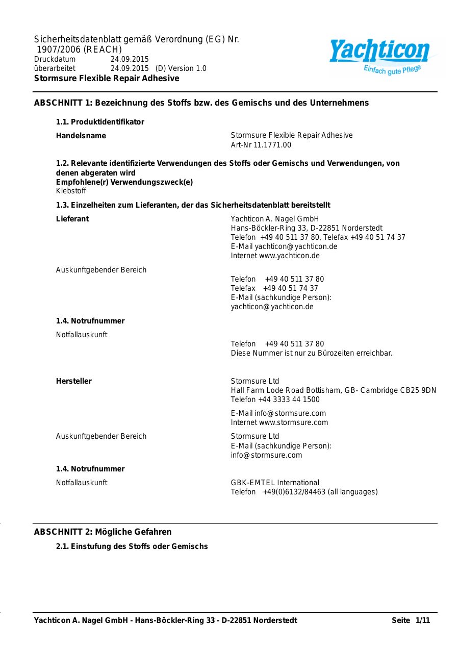 Titelseite Sicherheitsdatenblatt Stormsure Flexible Repair Adhesive (13-YGUMMI)
