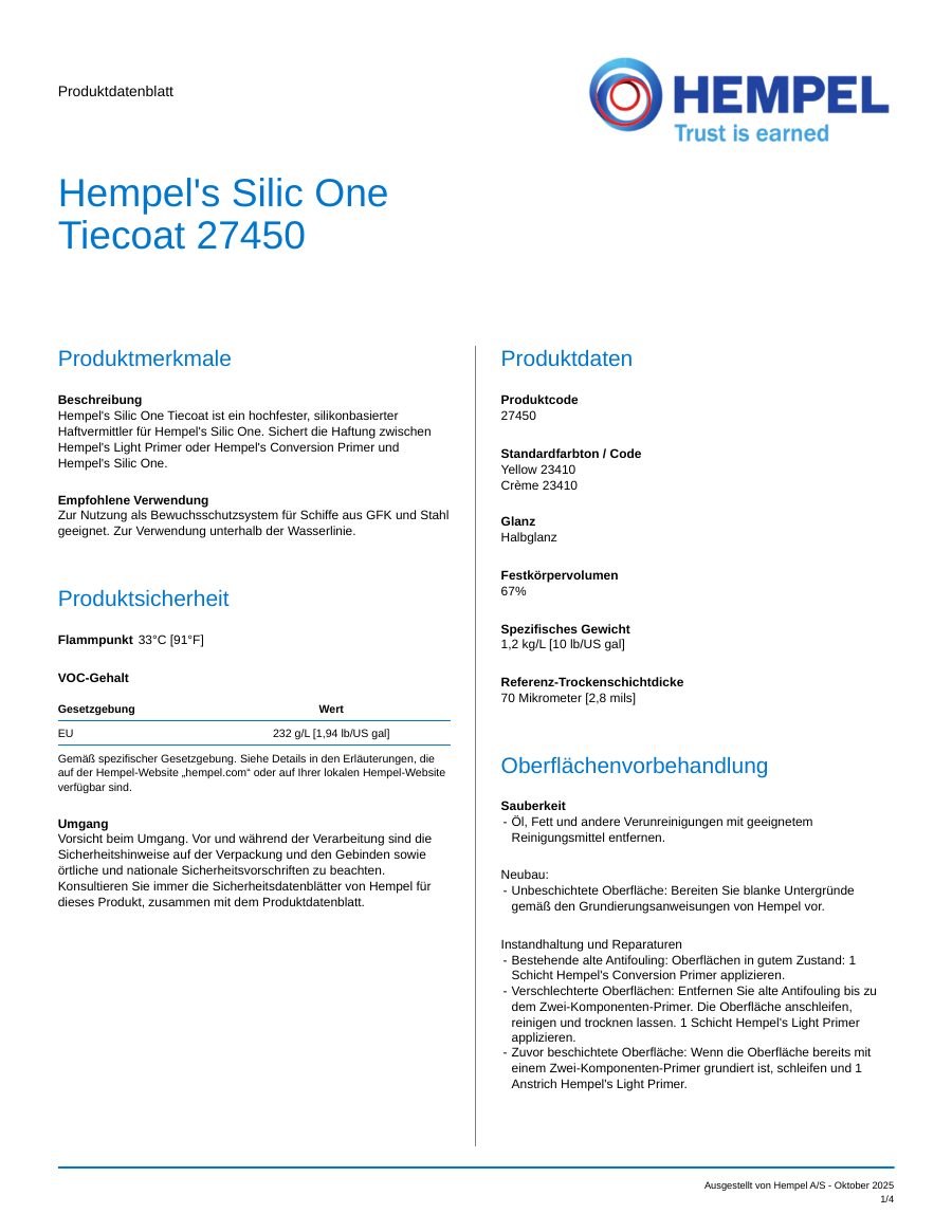 Titelseite Datenblatt Hempel's Silic One Tiecoat (27450)