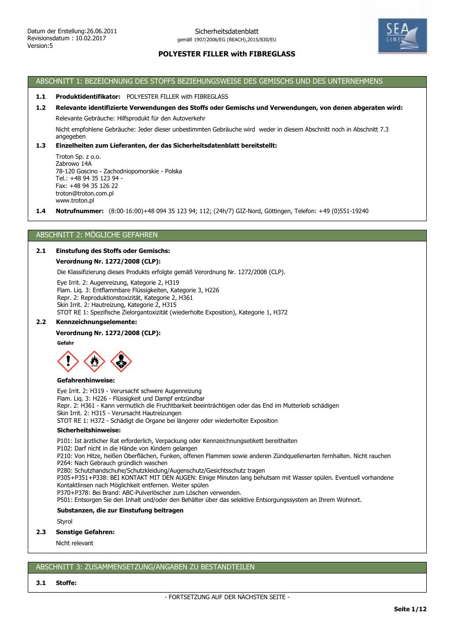 Titelseite Sicherheitsdatenblatt POLYESTER FILLER with FIBREGLASS