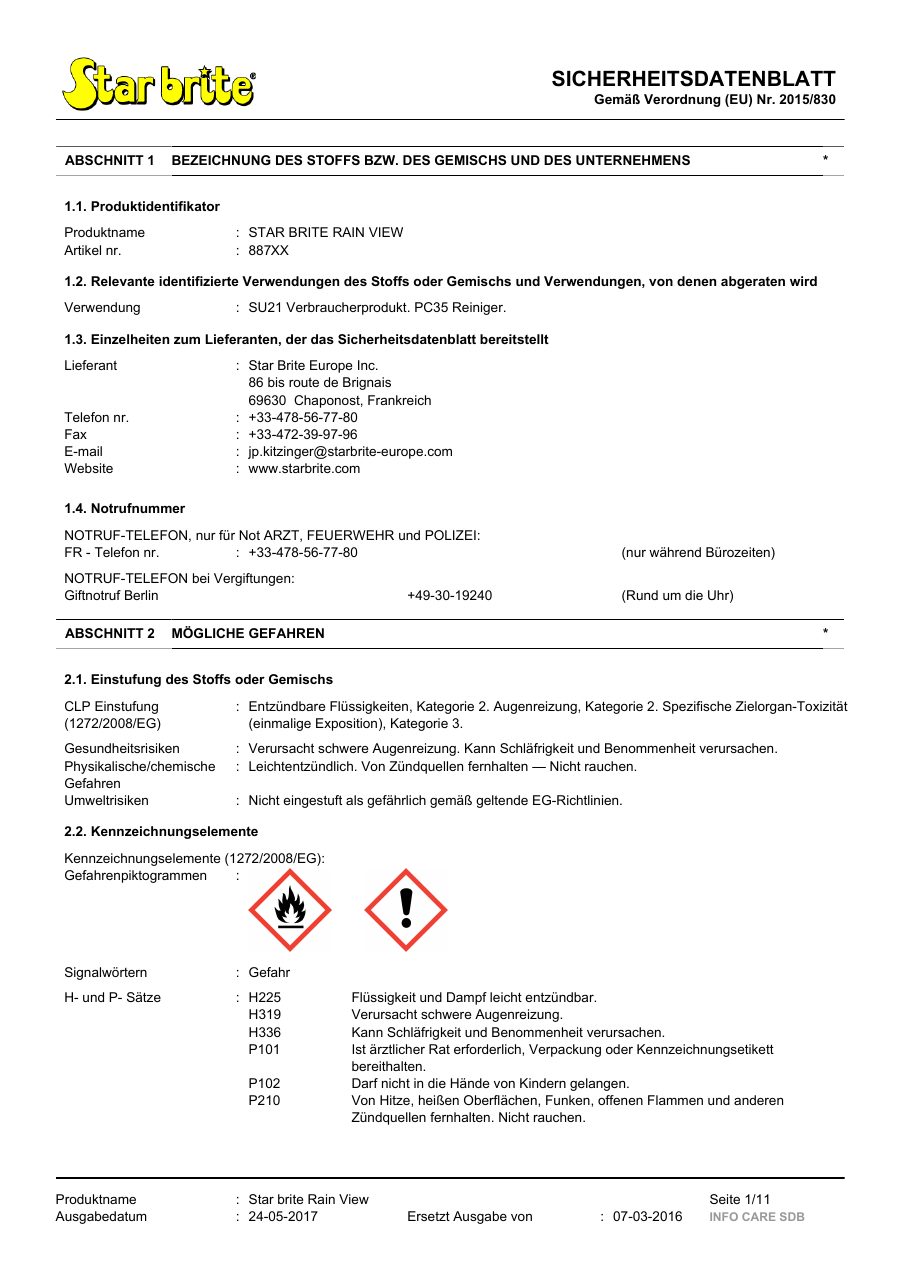 Titelseite Sicherheitsdatenblatt STAR BRITE RAIN VIEW (13-SRAIN)